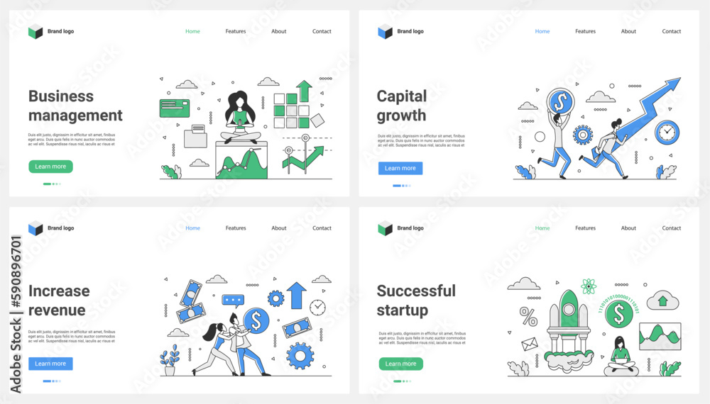 Business management and success startup, capital growth, efficiency thin line set vector illustration. Cartoon tiny people launch project rocket, work with chart up arrow to increase money profit