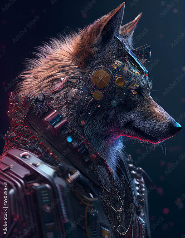 Cyberpunk wolf realistic illustration generated with AI tools Stock ...