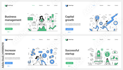 Business management and success startup, capital growth, efficiency thin line set vector illustration. Cartoon tiny people launch project rocket, work with chart up arrow to increase money profit