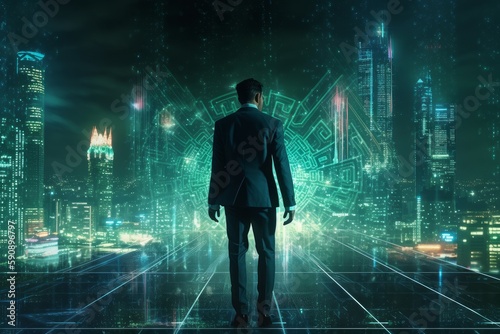 Businessman walking futuristic city. Generate Ai