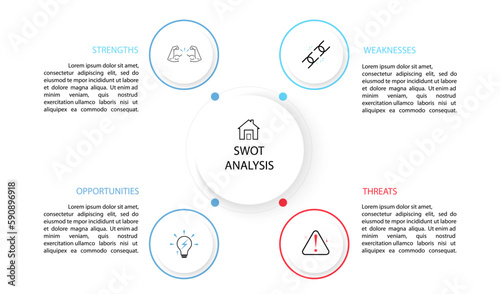 Swot infographic analysis template. strength,weakness,opportunities,threats.Background with icon and Four colorful elements. Vector illustration