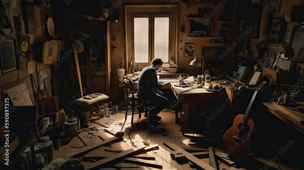 An artist procrastinating in their cluttered studio, surrounded by creative chaos, generative ai An artist procrastinating in their cluttered studio, surrounded by creative chaos, generative ai