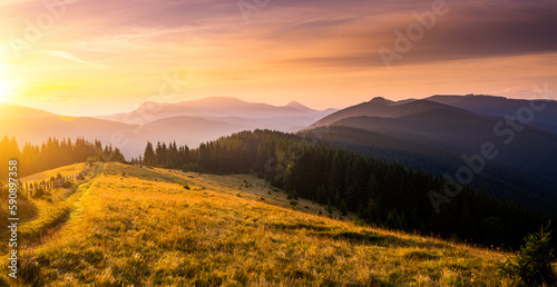 Utterly spectacular view of the sunset over the mountain ranges. Carpathian mountains, Ukraine. © Leonid Tit