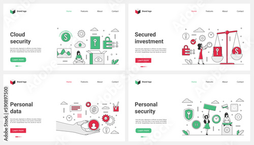 Personal data security, investment and cloud storage set vector illustration. Cartoon tiny people work with access to database and secure financial platforms, control privacy, information protection