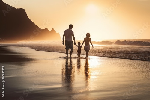 Family walk at sunset beach. Generate Ai