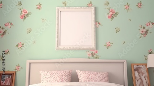 Bedroom with a blank picture frame mockup on a pastel colored wall with floral patterns created with generative AI technology