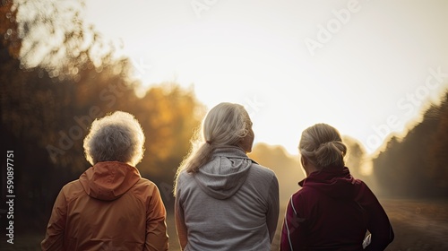 Active older women from behind, outdoors. Generative AI