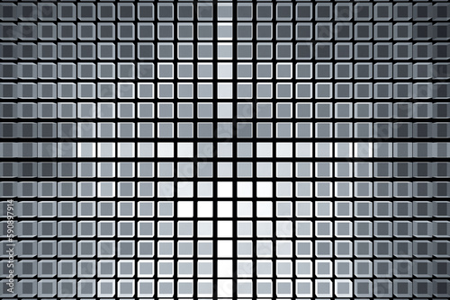 Gray mosaic pattern of small squares on a black background. Abstract fractal 3D rendering