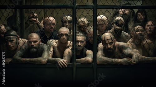 Men locked in a cell looking angry, a depiction of frustration and confinement, generative ai