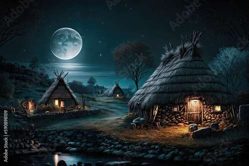 Illustration of a wooden village in northern Europe during full moon night. Generative AI.