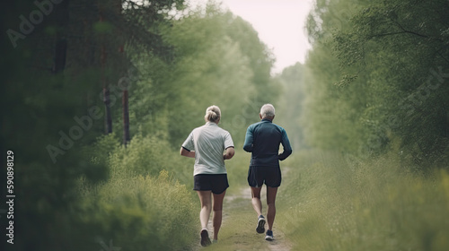 Active older couple running outdoors. Generative AI