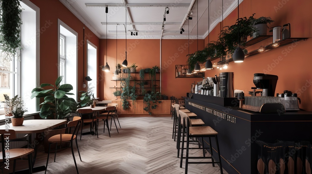 Naklejka premium Warm and cozy atmosphere coffee house interior with plants and wooden furniture, AI generated