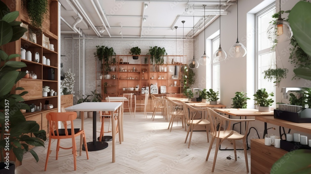 Minimalist designed coffee house and bistro interior, AI generated 