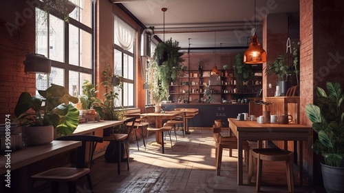 Cozy speciality coffee house interior with brick wall and light windows  AI generated 
