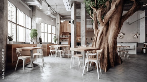 Cozy contemporary coffee house interior with plants  and wooden furniture and tree trunk , AI generated 