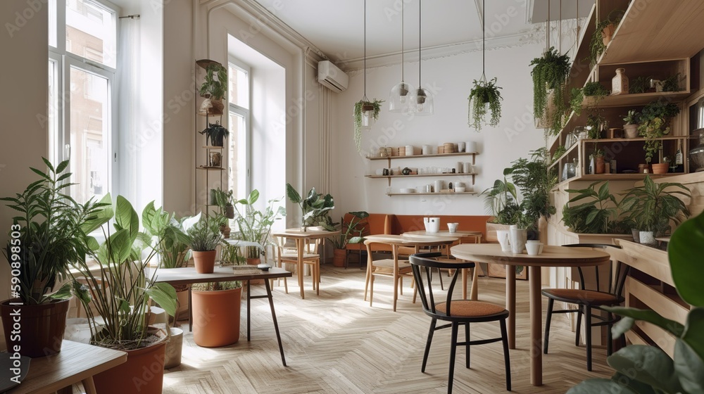 Bohemian and scandinavian style urban coffee house interior with plants and wooden furniture, AI generated