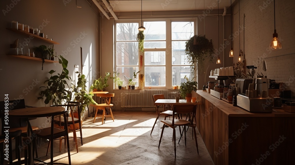 Cozy urban scandinavian style speciality coffee house  interior, AI-generated 