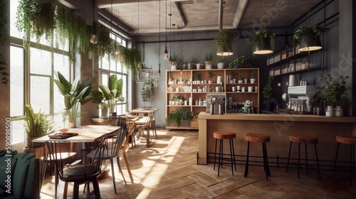 Cozy urban scandinavian style speciality coffee house  interior, AI-generated  © Hdi