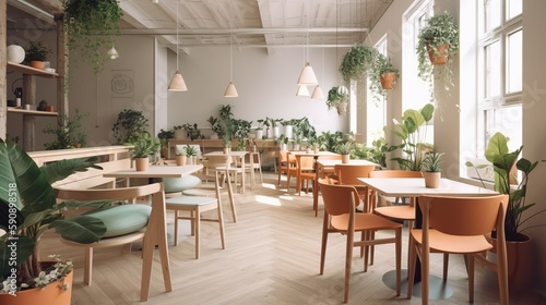 Scandinavian and bohemian style hygge vibe coffee house interior, AI generated  photo