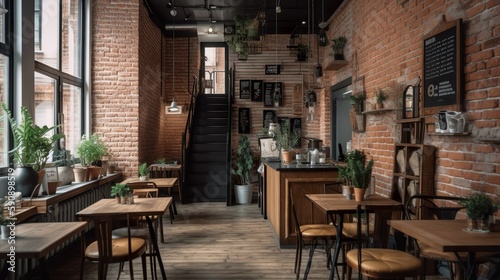 Urban style coffee house interior, AI generative 