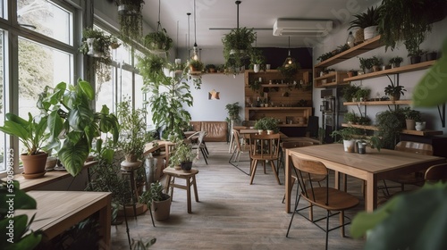 Bohemian and scandinavian style urban coffee house interior with plants and wooden furniture  AI generated