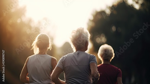 Active older women running outdoors. Generative AI