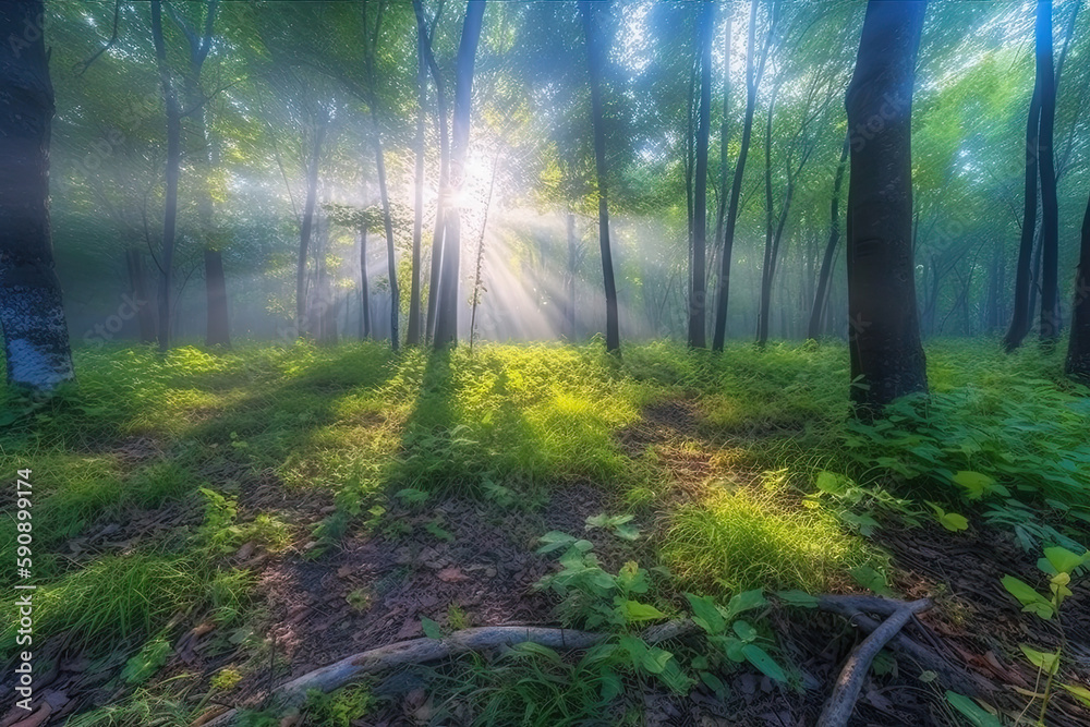 Obraz premium Beautiful deep forest scene. Light beam in woodland. Forest wood background. Generative AI.