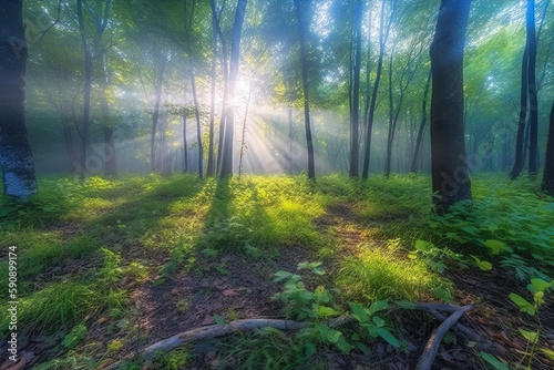 Beautiful deep forest scene. Light beam in woodland. Forest wood background. Generative AI.