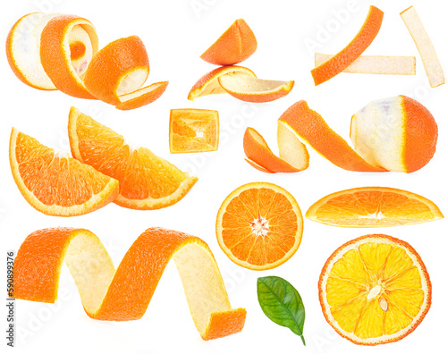 Collection of orange fruit, slices and orange peeled skin isolated on a white background