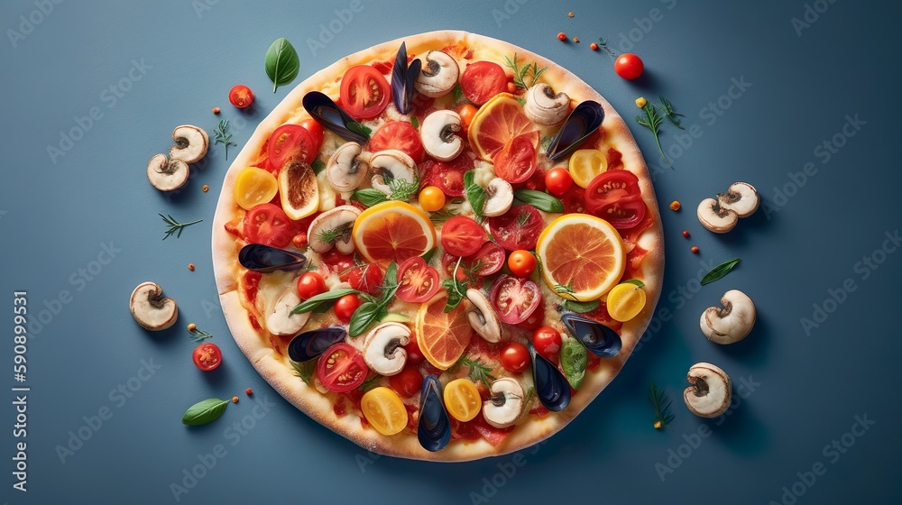 Traditional Italian Pizza Margherita, Quattro Stagioni, Diavolo, Hawaiian, Funghi or Frutti di Mare. A favorite Italian dish with a crispy base. Generative AI