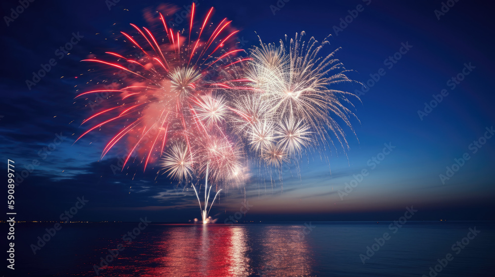 Red, blue, white fireworks above water with reflection on the black sky background. 4th of july celebration. American holiday. Generative ai - obrazy, fototapety, plakaty 