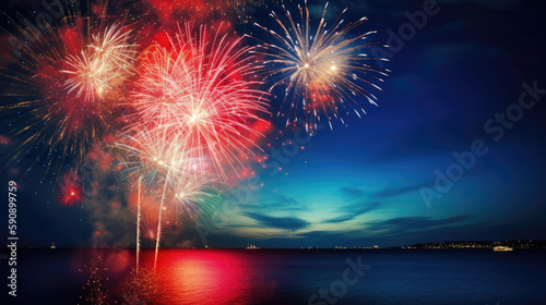 Red  blue  white fireworks above water with reflection on the black sky background. 4th of july celebration. American holiday. Generative ai