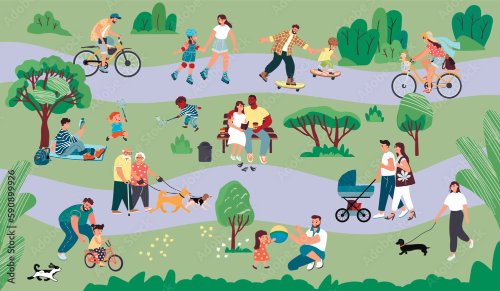 Naklejka premium Summer park with people relaxing with children and walking with dogs. Happy families have fun together. Cyclists, skateboarders, roller skating, readers and kids playing.Vector flat illustration. 