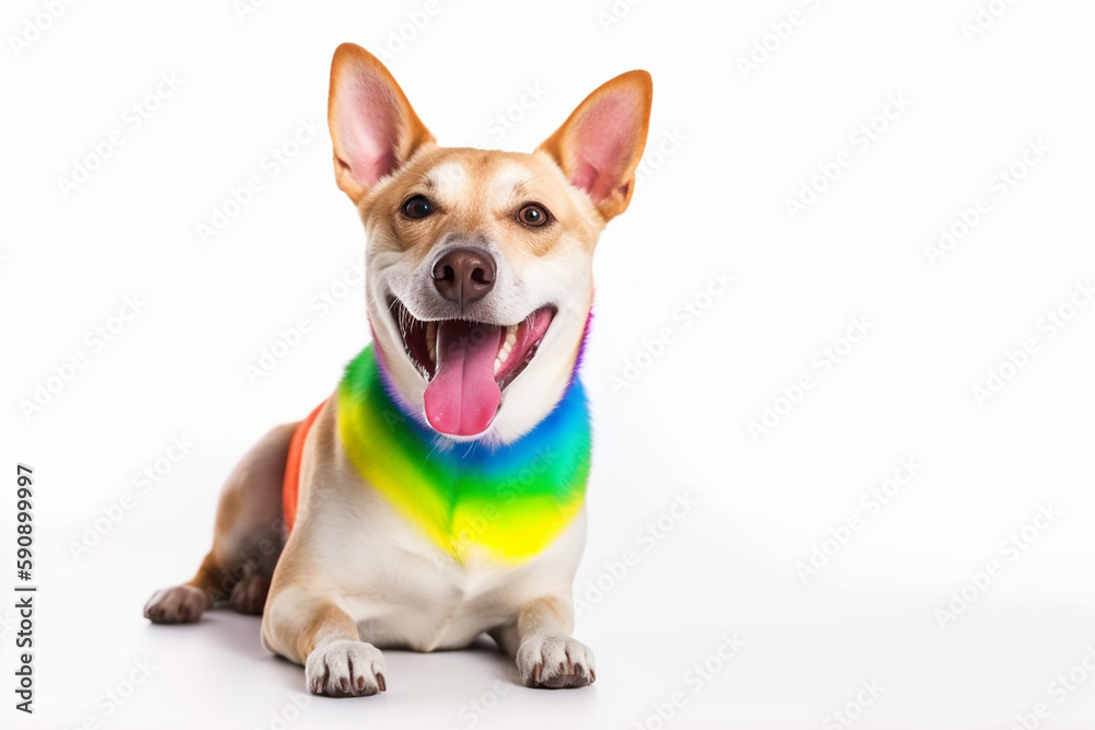 Cute dog with rainbow pride colors, on a white background. Generative Ai