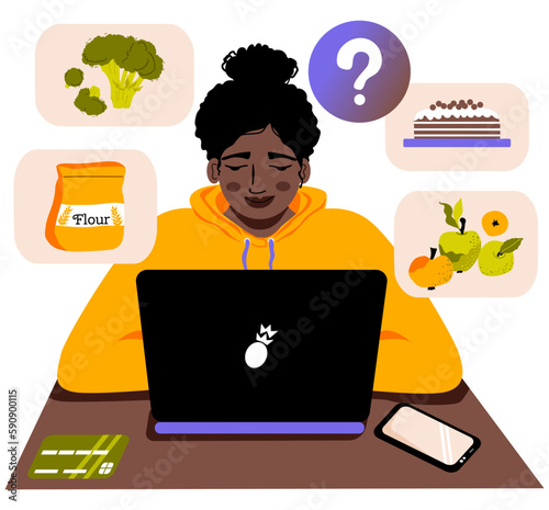 Internet shopping at computer. Afro woman chooses products online. Ordering goods, paying for purchase with credit card on the website. Girl in hoodie with laptop sitting at desk. Vector.