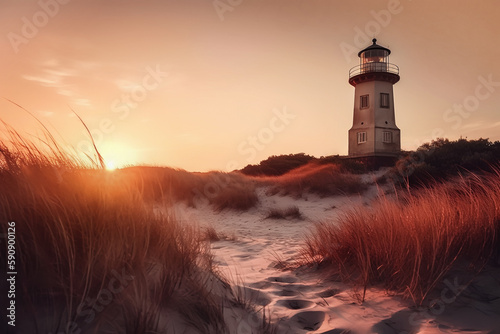 Illustration of a lighthouse on the beach at sunset. The setting sun bathes the entire scene in a golden light
