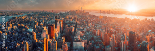 Beautiful sunset over New York city downtown and Manhattan.