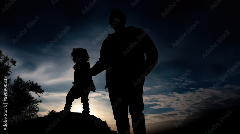 Silhouette eines Vaters mit seinem Kind bei einbruch der Nacht (Generative AI)