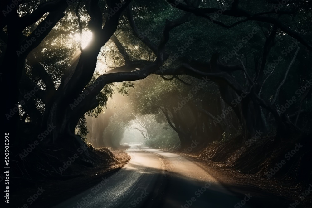 Route journey amidst tree at morning. Generate Ai Route journey amidst tree at morning. Generate Ai