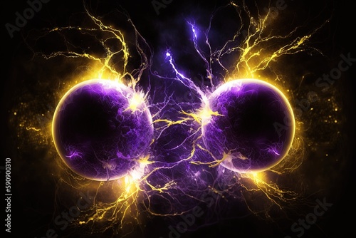 Image of lightning bolts forming a ball, sparkling purple and yellow flashes of a lightning strike. Generative AI