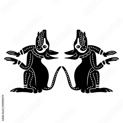 Symmetrical ethnic design with two funny seated dogs or coyotes. Native American animal design from Mayan codex. Black and white silhouette.