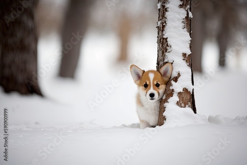 cute brown and white dog posing next to a tall tree. Generative AI © 2rogan
