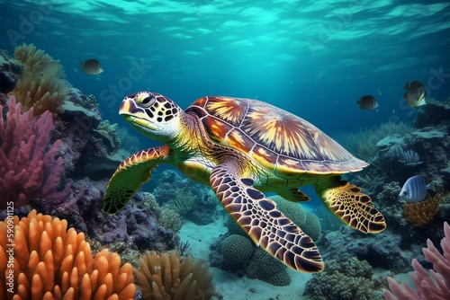 Turtle underwater swim. Generate Ai © nsit0108