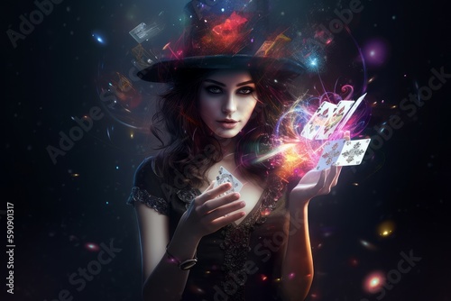 Magic witch with cards. Generate Ai