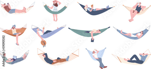 People relaxing in hammocks, travel and vacation on beach. Man working on laptop, girl reading book and drink, listen music. Kicky resting vector characters