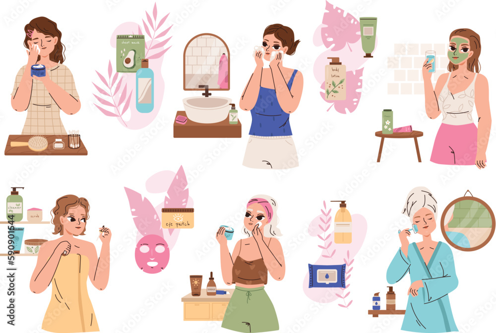 Morning beauty skincare routine. Girls lifestyle, care face in bathroom. Girl using lotion, clean facial skin and moisturizing. Female snugly vector set Morning beauty skincare routine. Girls lifestyle, care face in bathroom. Girl using lotion, clean facial skin and moisturizing. Female snugly vector set