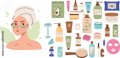 Beauty routine elements, facial brushes and stickers. Spa morning care tools, make up concealer and hair brush. Face massage item, snugly vector set