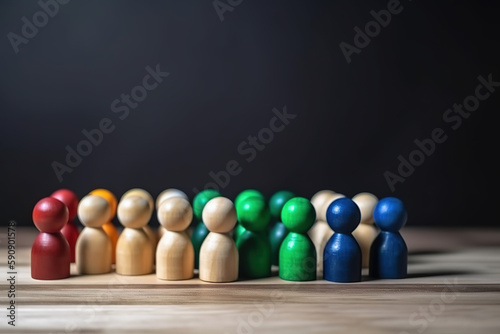 Wooden pawns representing the concept of diversity and inclusion in society. Colored figures on a wooden desk. Close-up shot. Generative AI