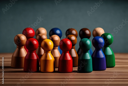 Wooden pawns representing the concept of diversity and inclusion in society. Colored figures on a wooden desk. Close-up shot. Generative AI photo
