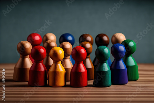 Wooden pawns representing the concept of diversity and inclusion in society. Colored figures on a wooden desk. Close-up shot. Generative AI